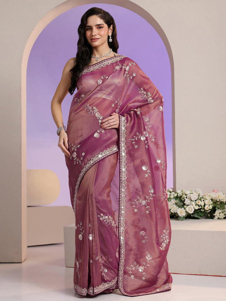 Libas Mauve Floral Embellished Tissue Saree