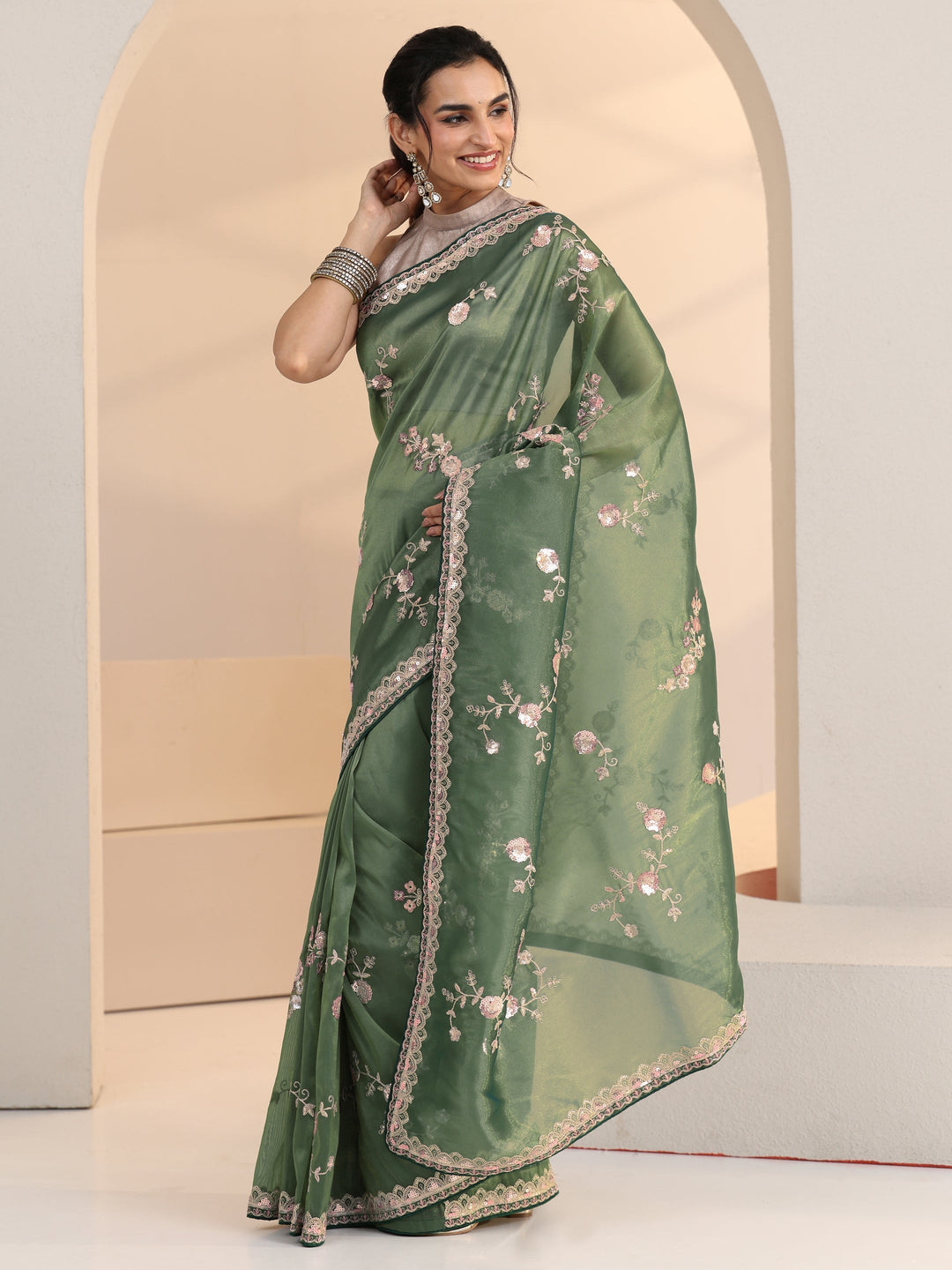 Libas Sage Green Floral Embellished Tissue Saree