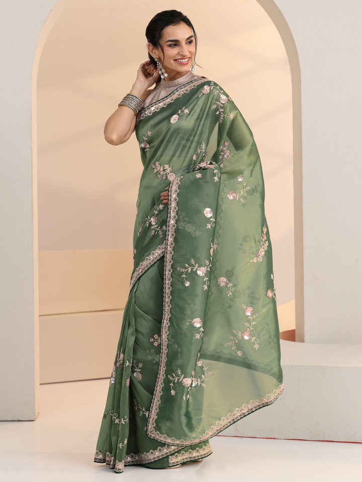 Libas Sage Green Floral Embellished Tissue Saree