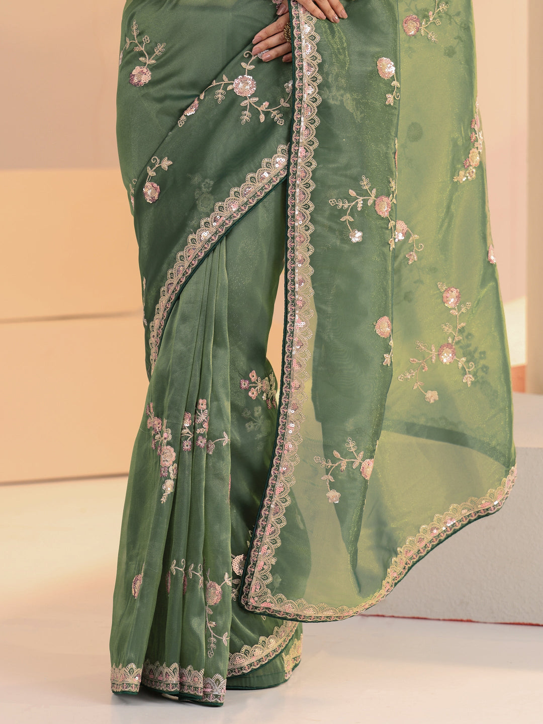 Libas Sage Green Floral Embellished Tissue Saree