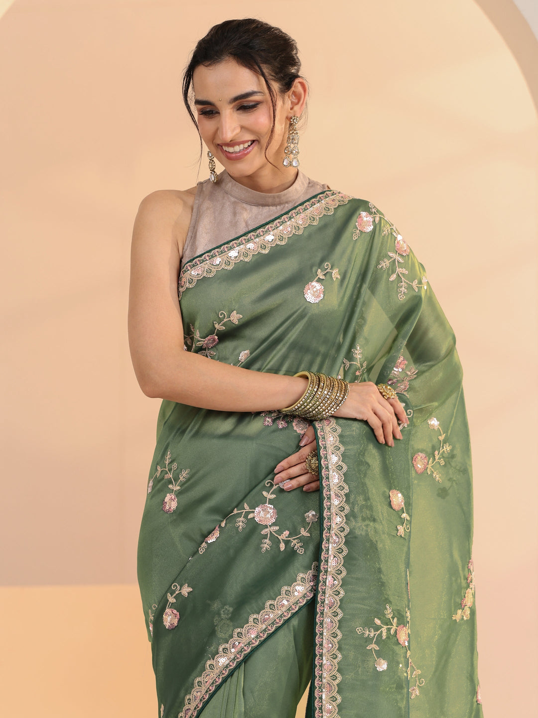 Libas Sage Green Floral Embellished Tissue Saree