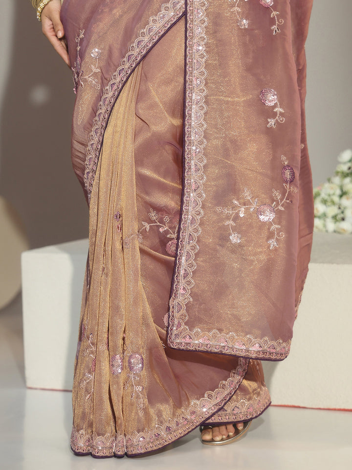 Libas Taupe Floral Embellished Tissue Saree