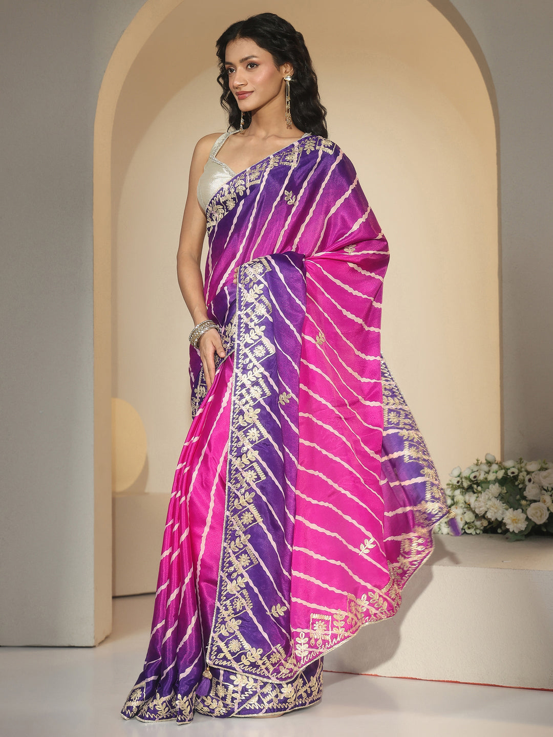 Libas Magenta Pink Leheriya Printed Ombre Silk Blend Saree