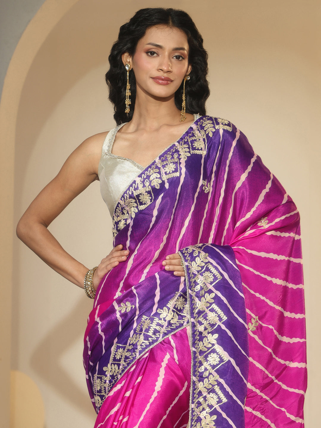 Libas Magenta Pink Leheriya Printed Ombre Silk Blend Saree