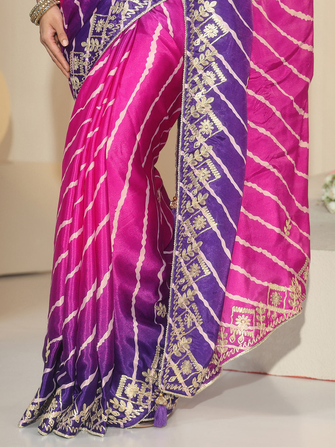 Libas Magenta Pink Leheriya Printed Ombre Silk Blend Saree