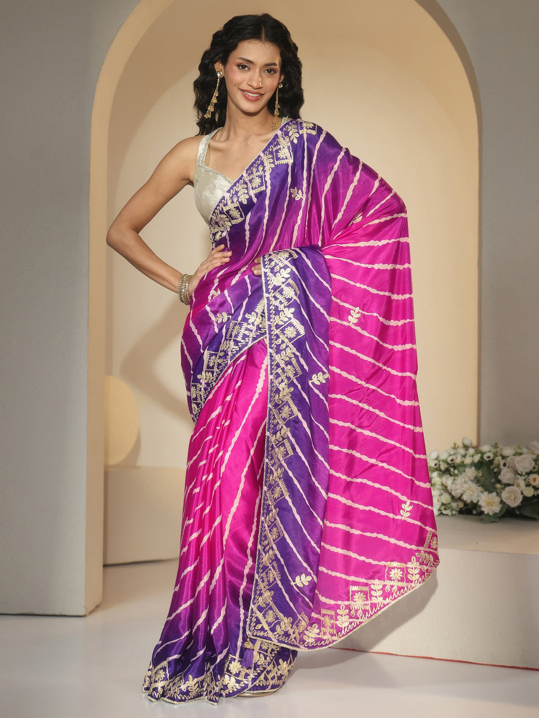 Libas Magenta Pink Leheriya Printed Ombre Silk Blend Saree