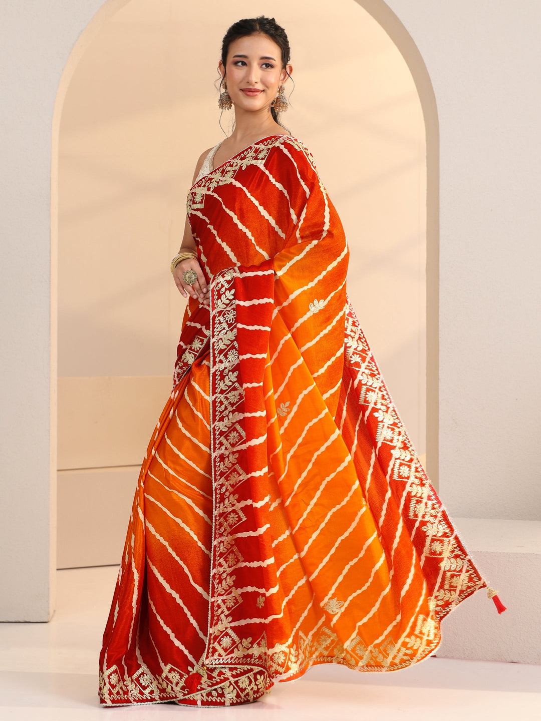 Libas Orange Leheriya Printed Ombre Silk Blend Saree