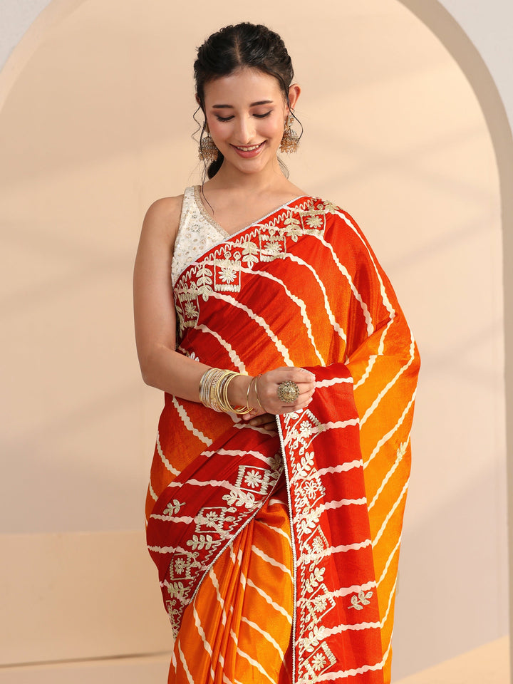 Libas Orange Leheriya Printed Ombre Silk Blend Saree