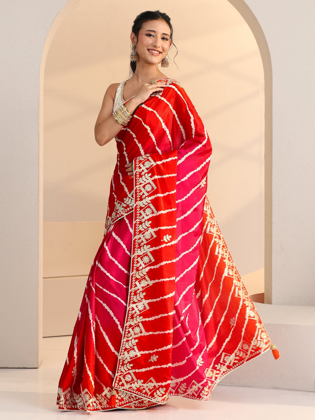 Libas Hot Pink Leheriya Printed Ombre Silk Blend Saree