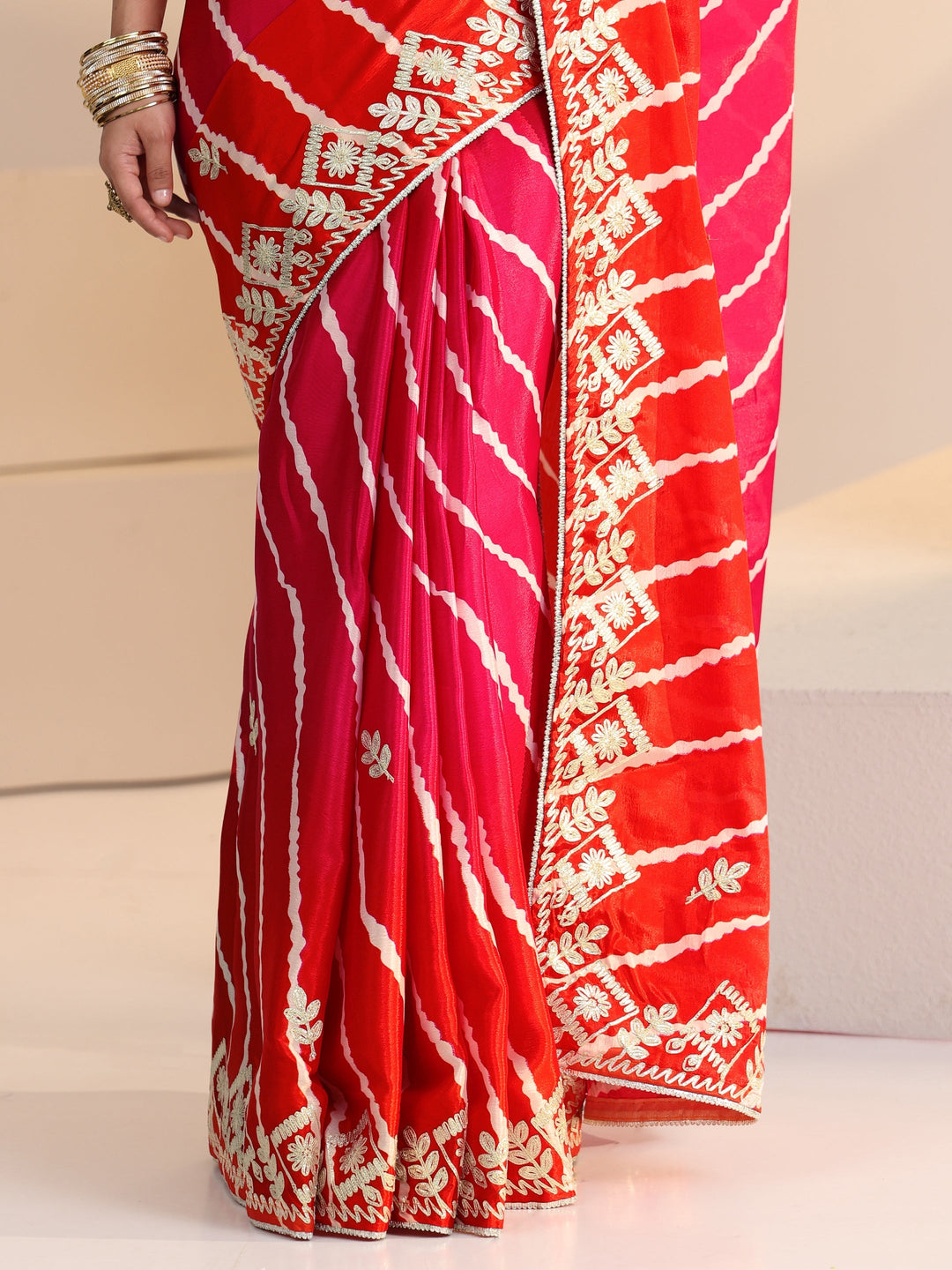 Libas Hot Pink Leheriya Printed Ombre Silk Blend Saree