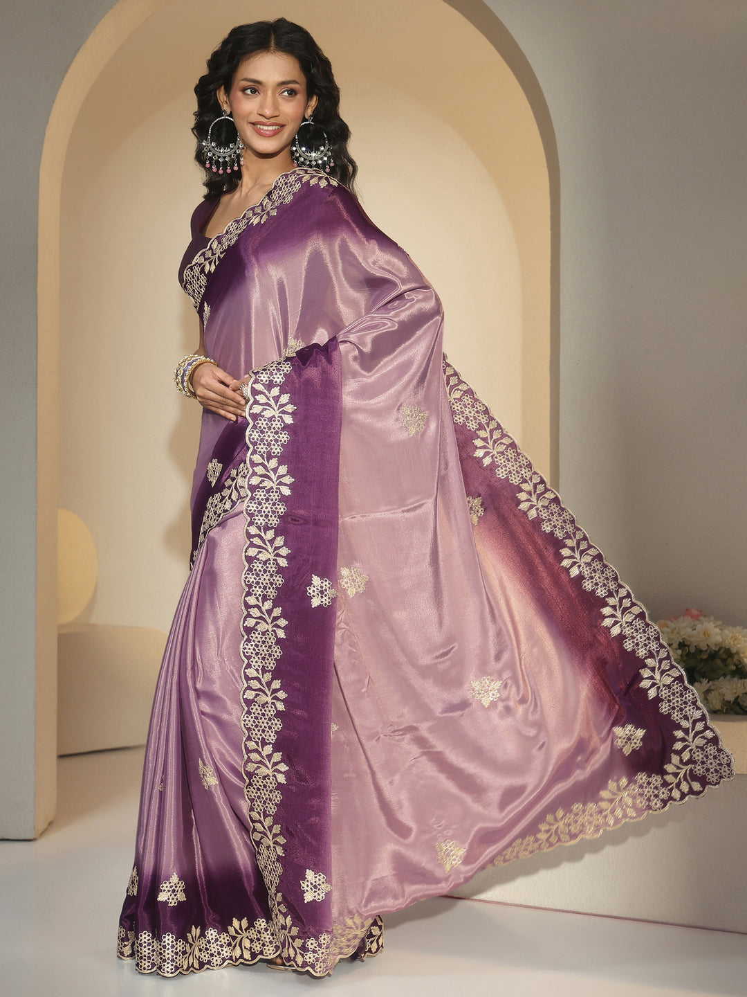 Libas Lavender Floral Embroidered Ombre Silk Blend Saree