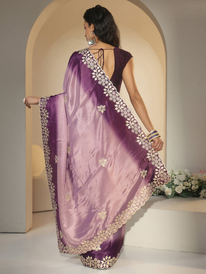 Libas Lavender Floral Embroidered Ombre Silk Blend Saree