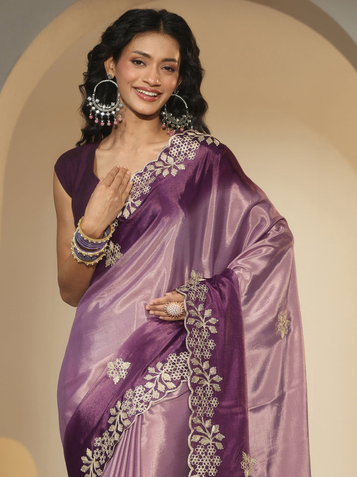Libas Lavender Floral Embroidered Ombre Silk Blend Saree