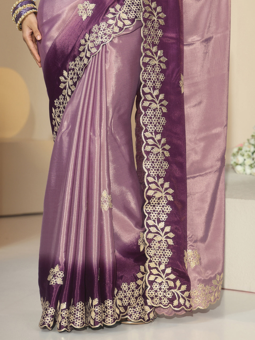 Libas Lavender Floral Embroidered Ombre Silk Blend Saree