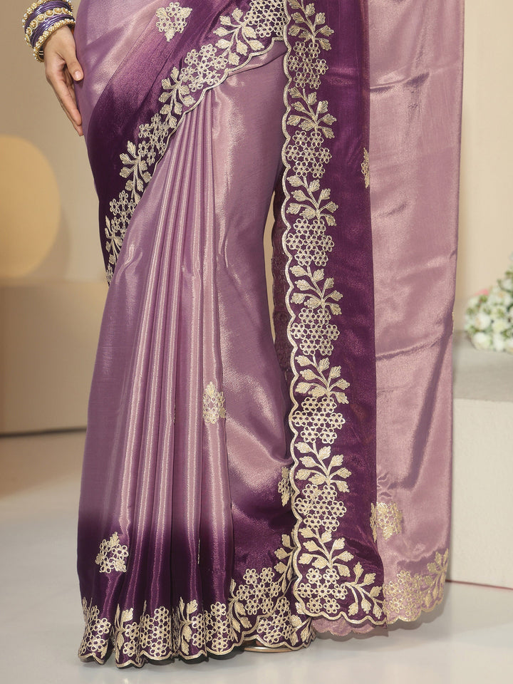 Libas Lavender Floral Embroidered Ombre Silk Blend Saree