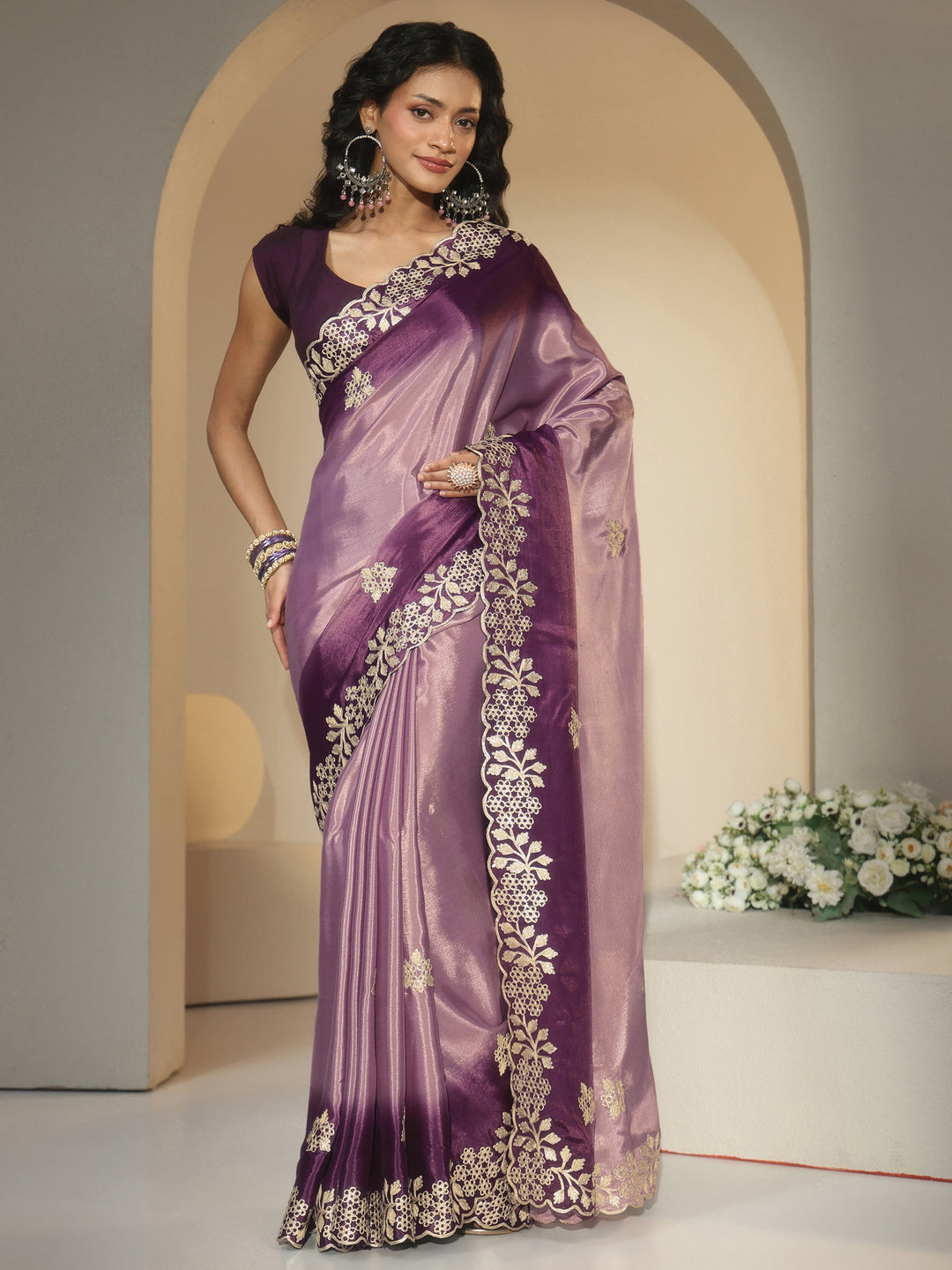 Libas Lavender Floral Embroidered Ombre Silk Blend Saree