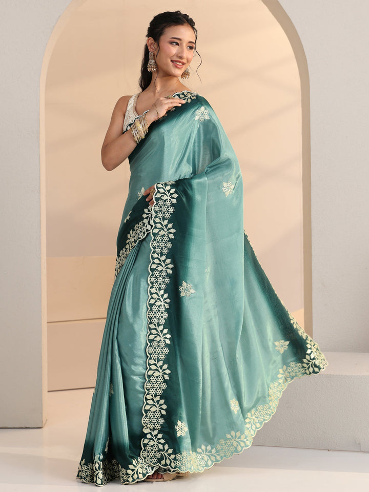 Libas Aqua Blue Floral Embroidered Ombre Silk Blend Saree