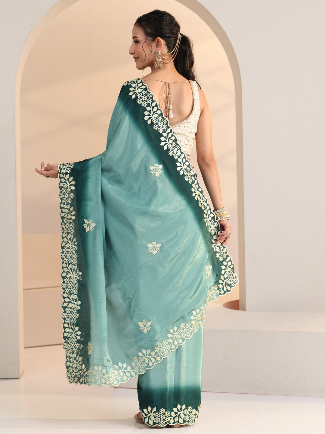 Libas Aqua Blue Floral Embroidered Ombre Silk Blend Saree