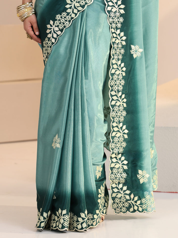 Libas Aqua Blue Floral Embroidered Ombre Silk Blend Saree
