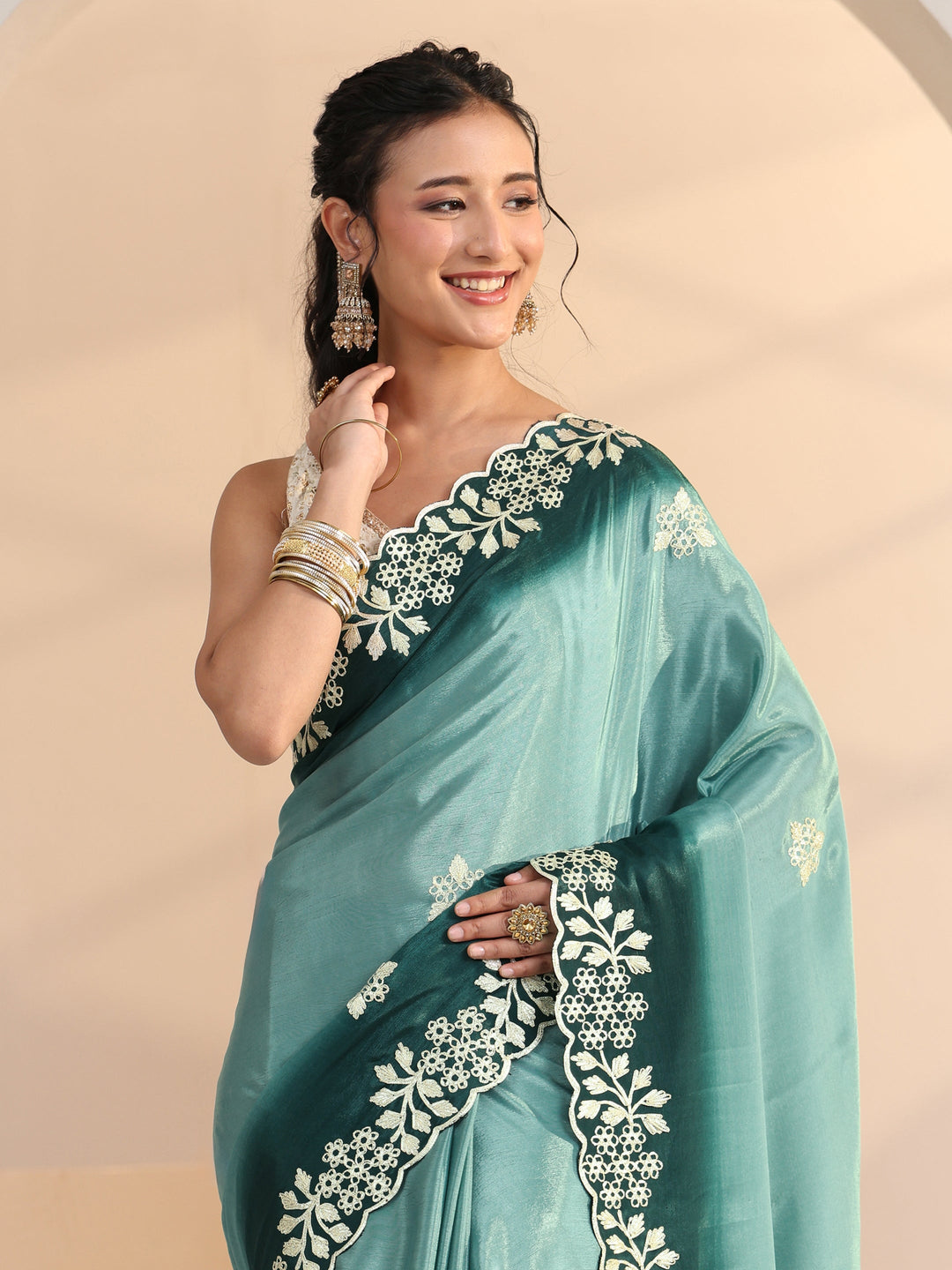 Libas Aqua Blue Floral Embroidered Ombre Silk Blend Saree