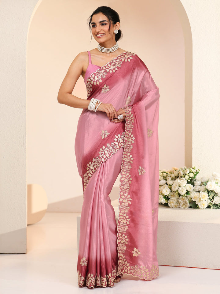 Libas Rose Pink Floral Embroidered Ombre Silk Blend Saree