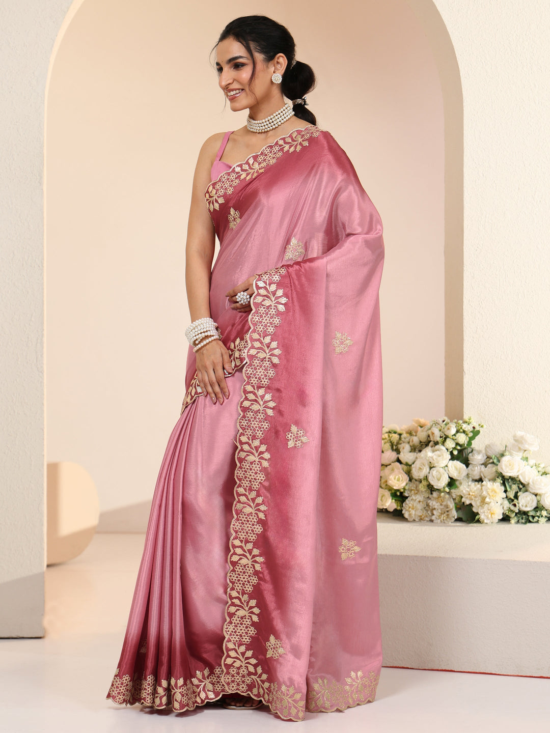 Libas Rose Pink Floral Embroidered Ombre Silk Blend Saree