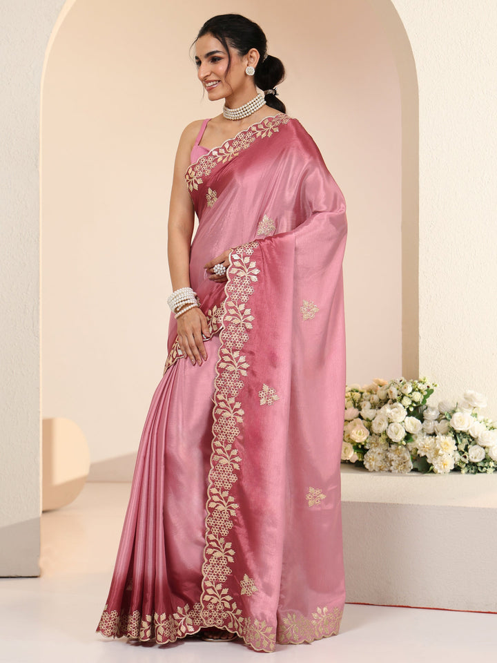 Libas Rose Pink Floral Embroidered Ombre Silk Blend Saree