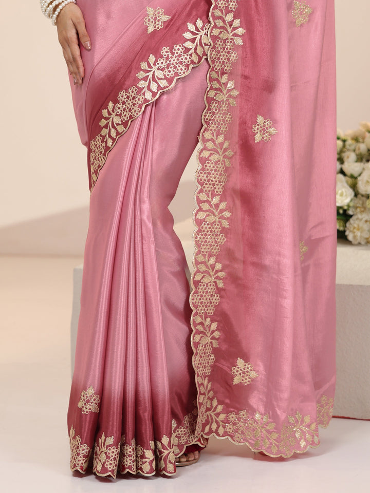 Libas Rose Pink Floral Embroidered Ombre Silk Blend Saree