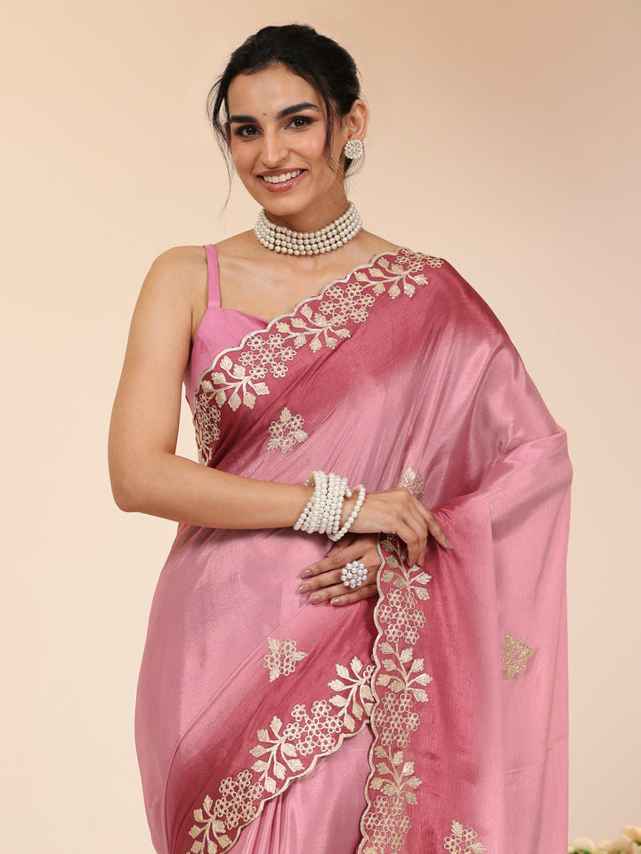 Libas Rose Pink Floral Embroidered Ombre Silk Blend Saree