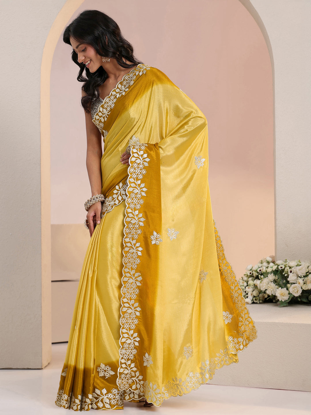 Libas Yellow Floral Embroidered Ombre Silk Blend Saree
