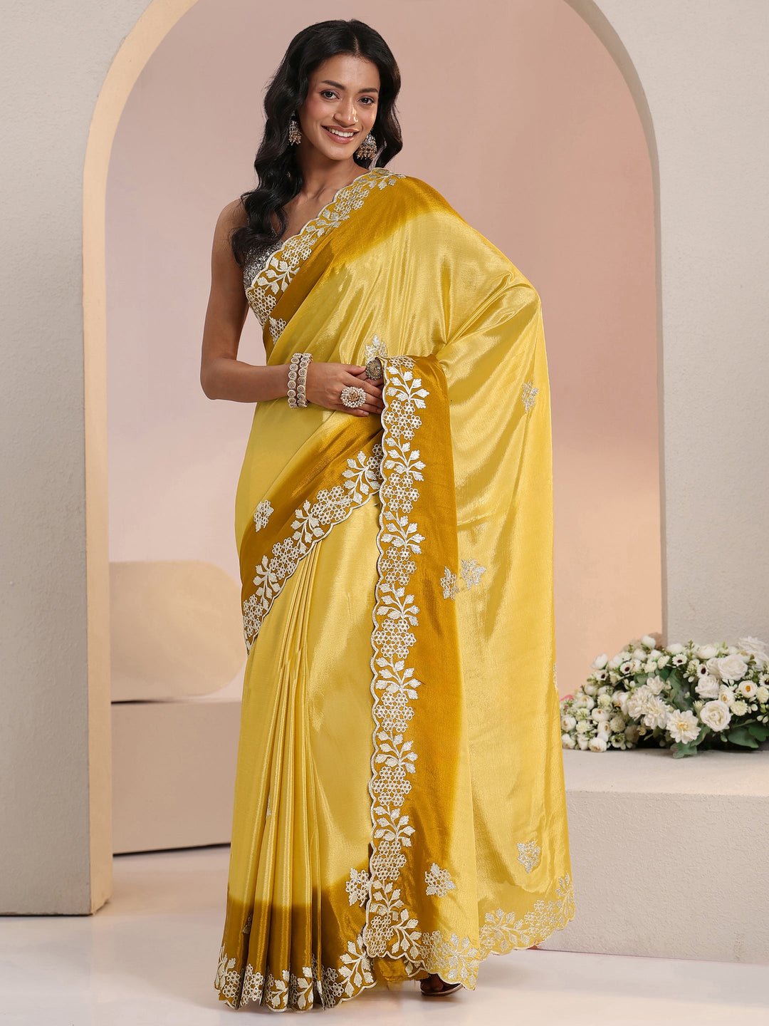 Libas Yellow Floral Embroidered Ombre Silk Blend Saree