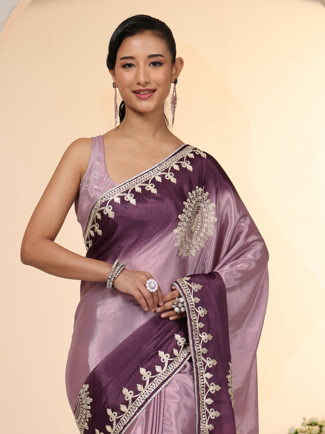 Libas Lavender Mandala Art Embroidered Ombre Silk Blend Saree