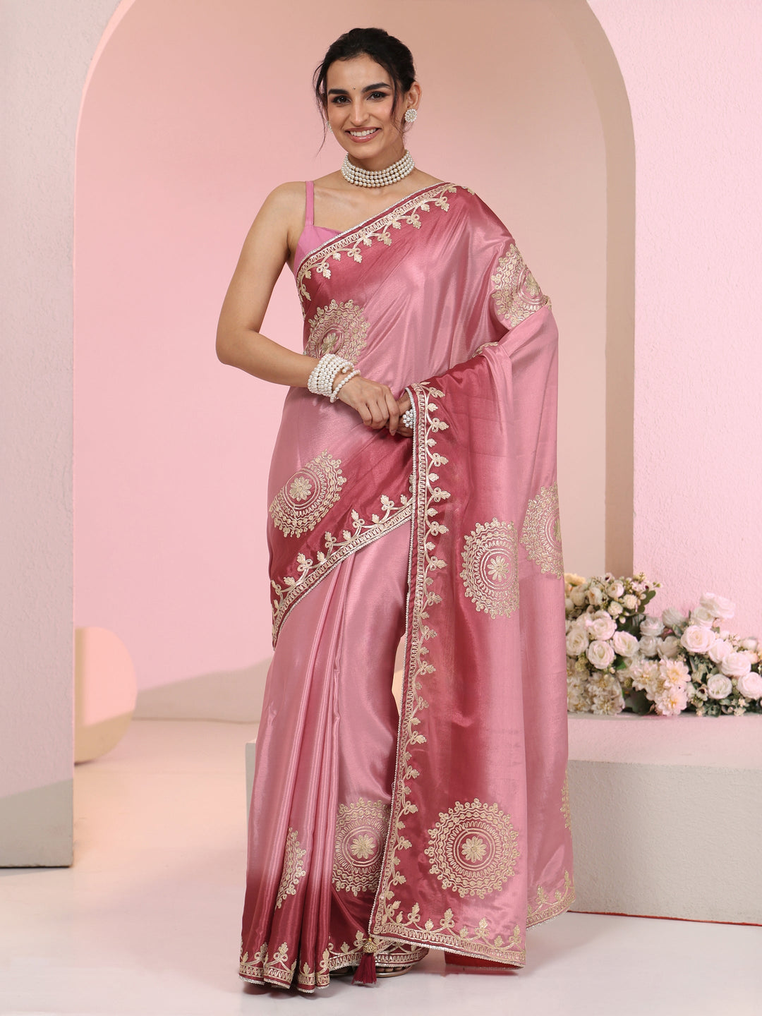 Libas Rose Pink Mandala Art Embroidered Ombre Silk Blend Saree