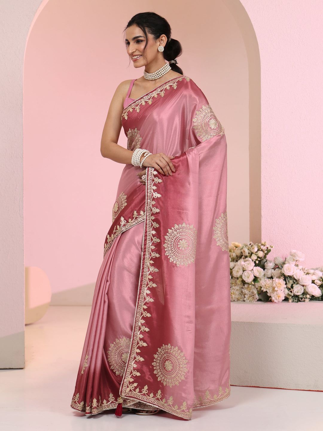 Libas Rose Pink Mandala Art Embroidered Ombre Silk Blend Saree