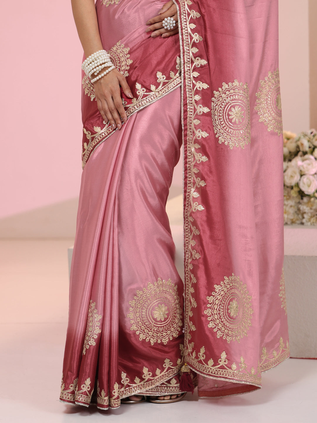 Libas Rose Pink Mandala Art Embroidered Ombre Silk Blend Saree
