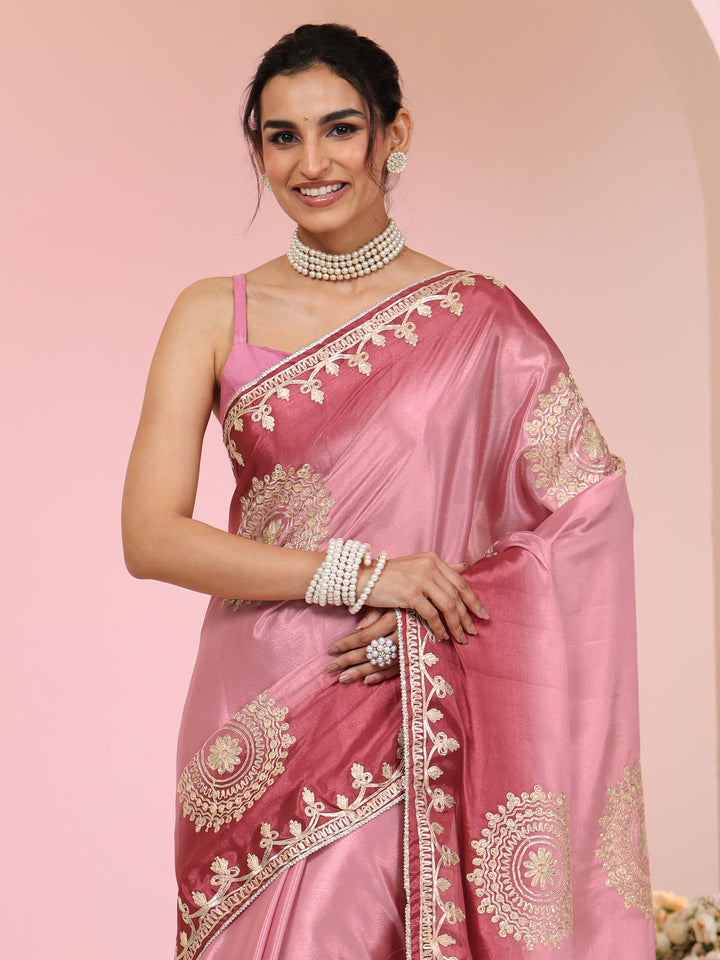Libas Rose Pink Mandala Art Embroidered Ombre Silk Blend Saree