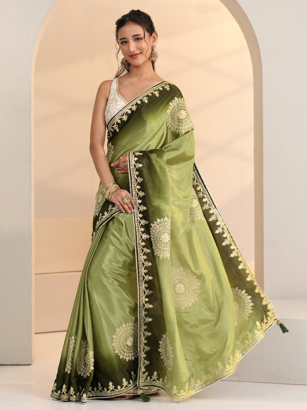 Libas Pista Green Mandala Art Embroidered Ombre Silk Blend Saree