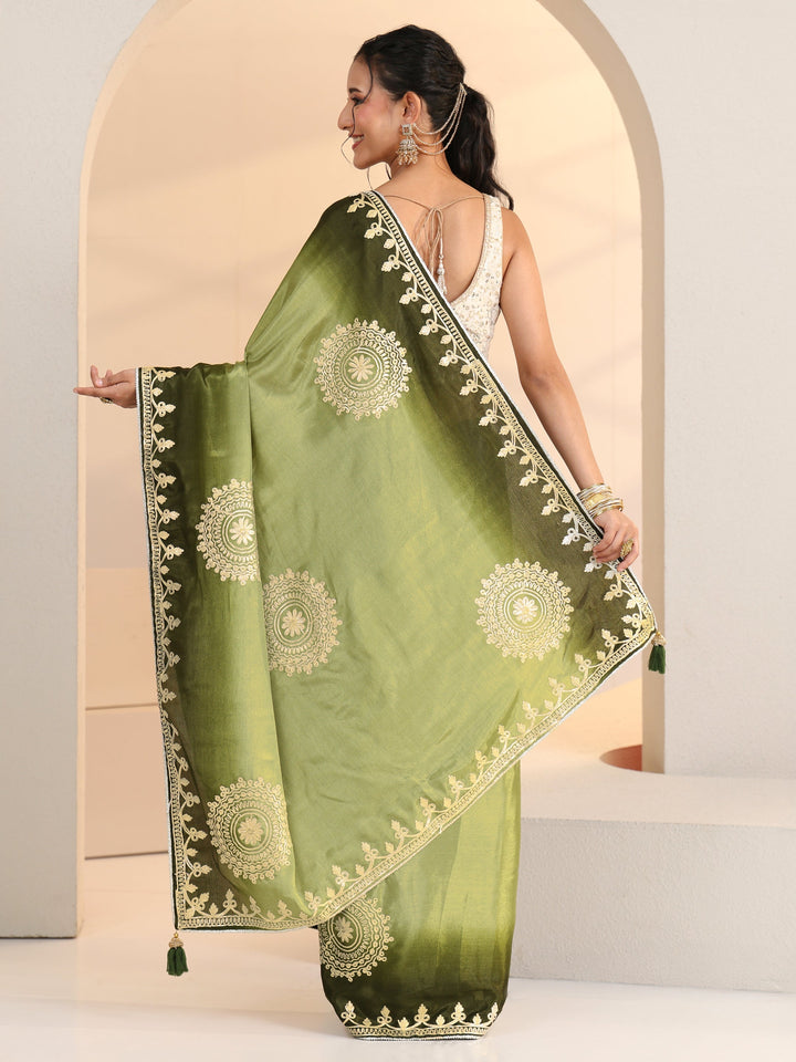 Libas Pista Green Mandala Art Embroidered Ombre Silk Blend Saree
