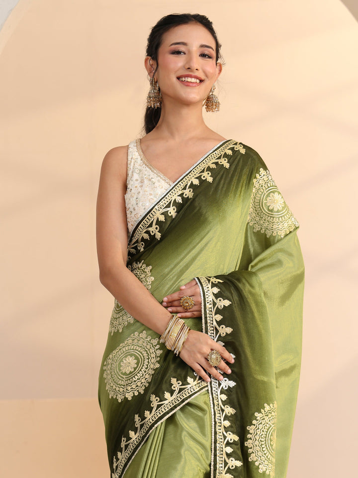 Libas Pista Green Mandala Art Embroidered Ombre Silk Blend Saree