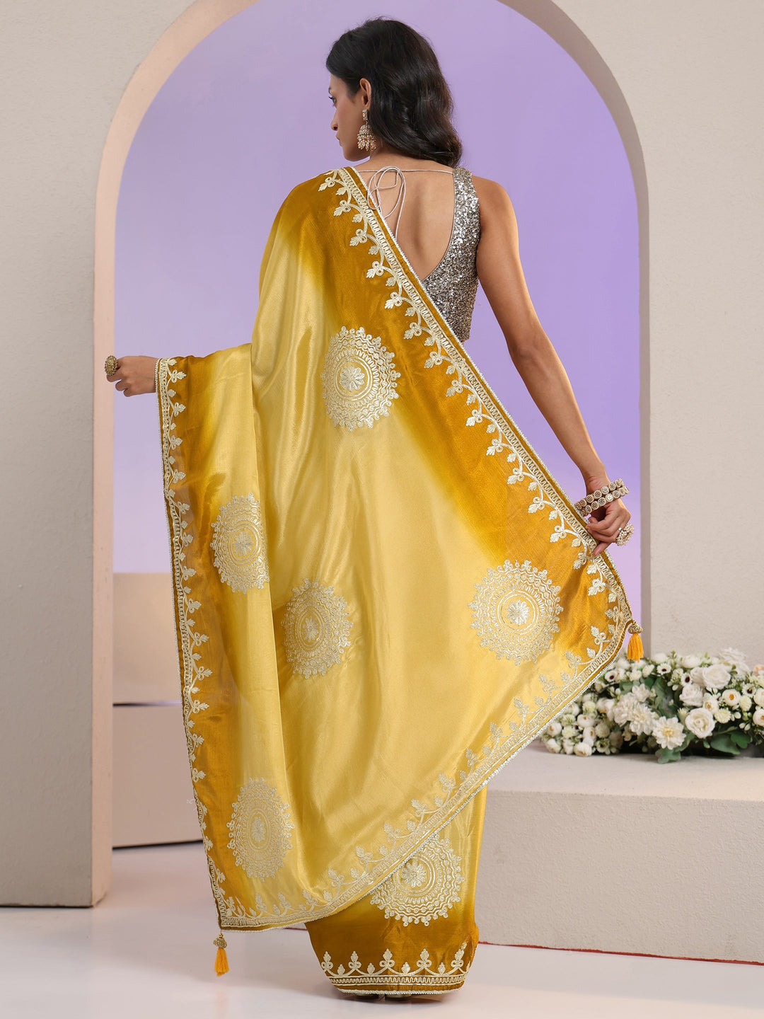 Libas Yellow Mandala Art Embroidered Ombre Silk Blend Saree