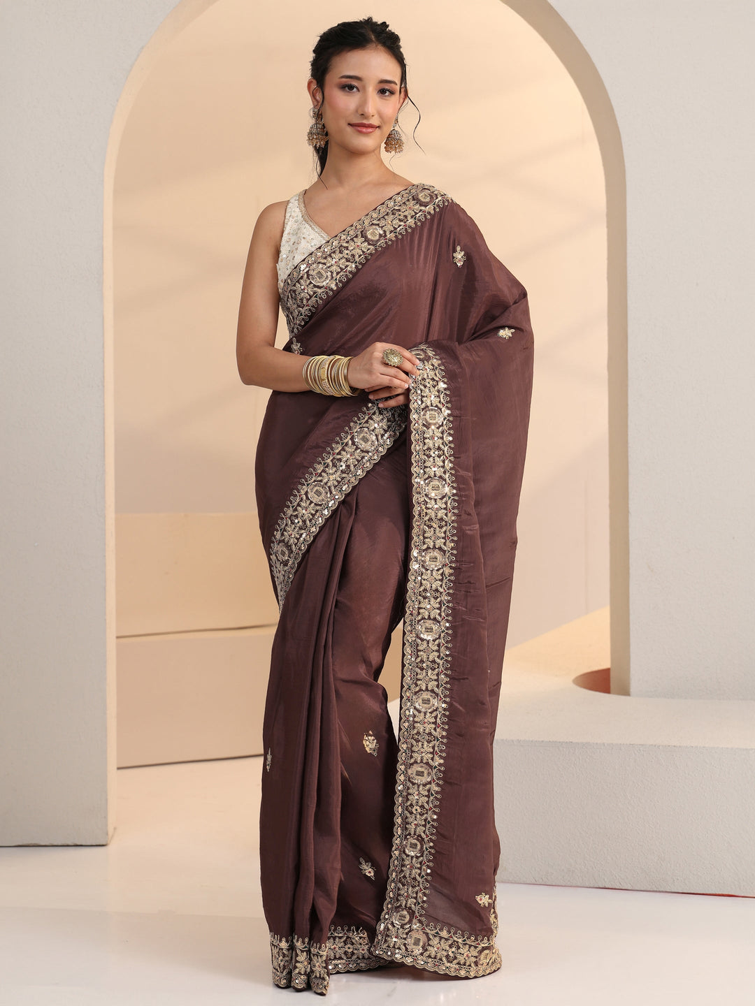Libas Brown Embroidered Silk Blend Saree