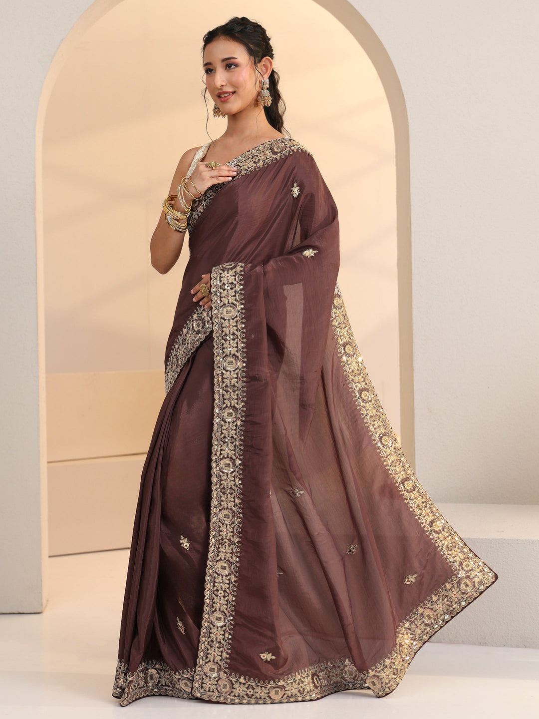 Libas Brown Embroidered Silk Blend Saree