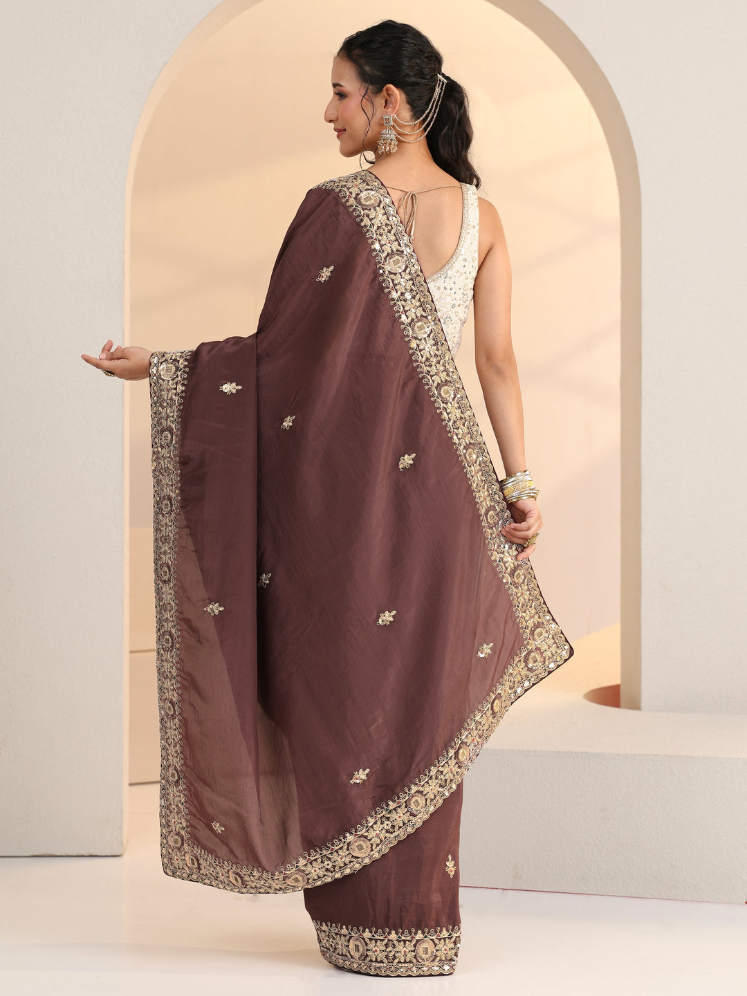 Libas Brown Embroidered Silk Blend Saree
