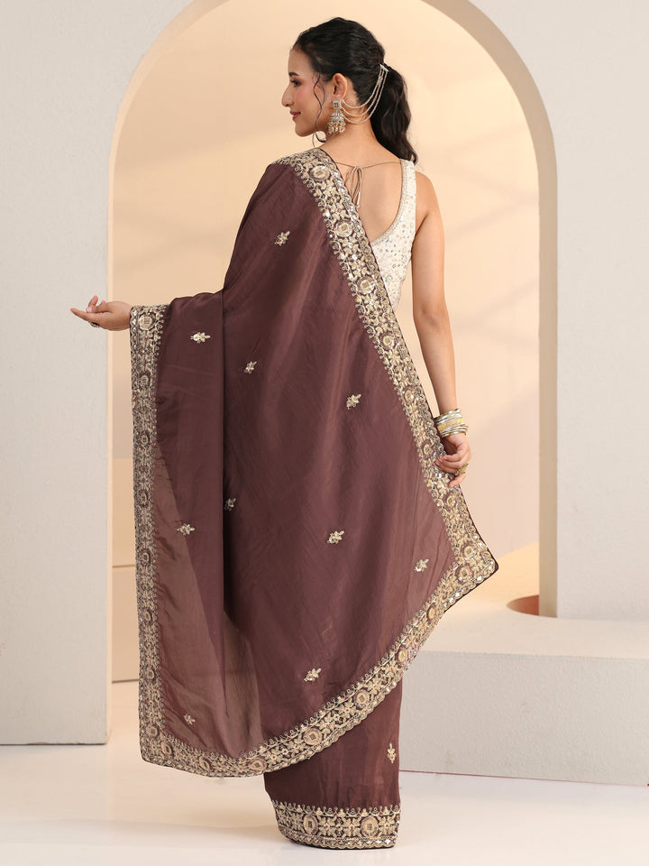 Libas Brown Embroidered Silk Blend Saree