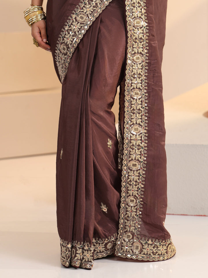 Libas Brown Embroidered Silk Blend Saree