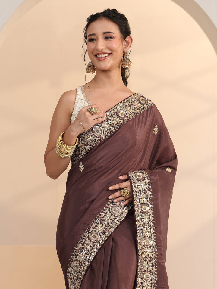 Libas Brown Embroidered Silk Blend Saree