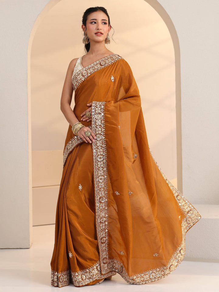 Libas Rust Embroidered Silk Blend Saree