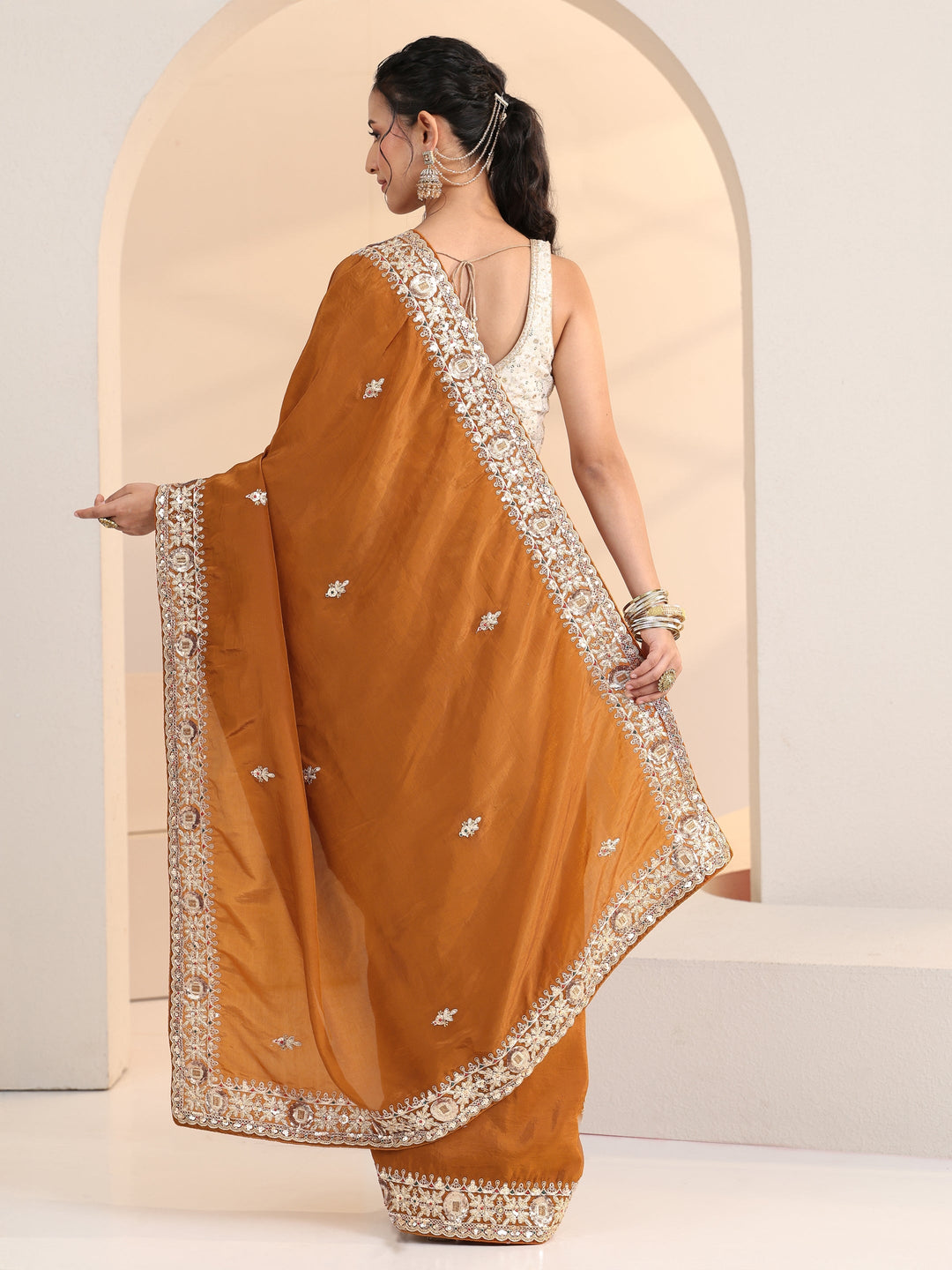 Libas Rust Embroidered Silk Blend Saree