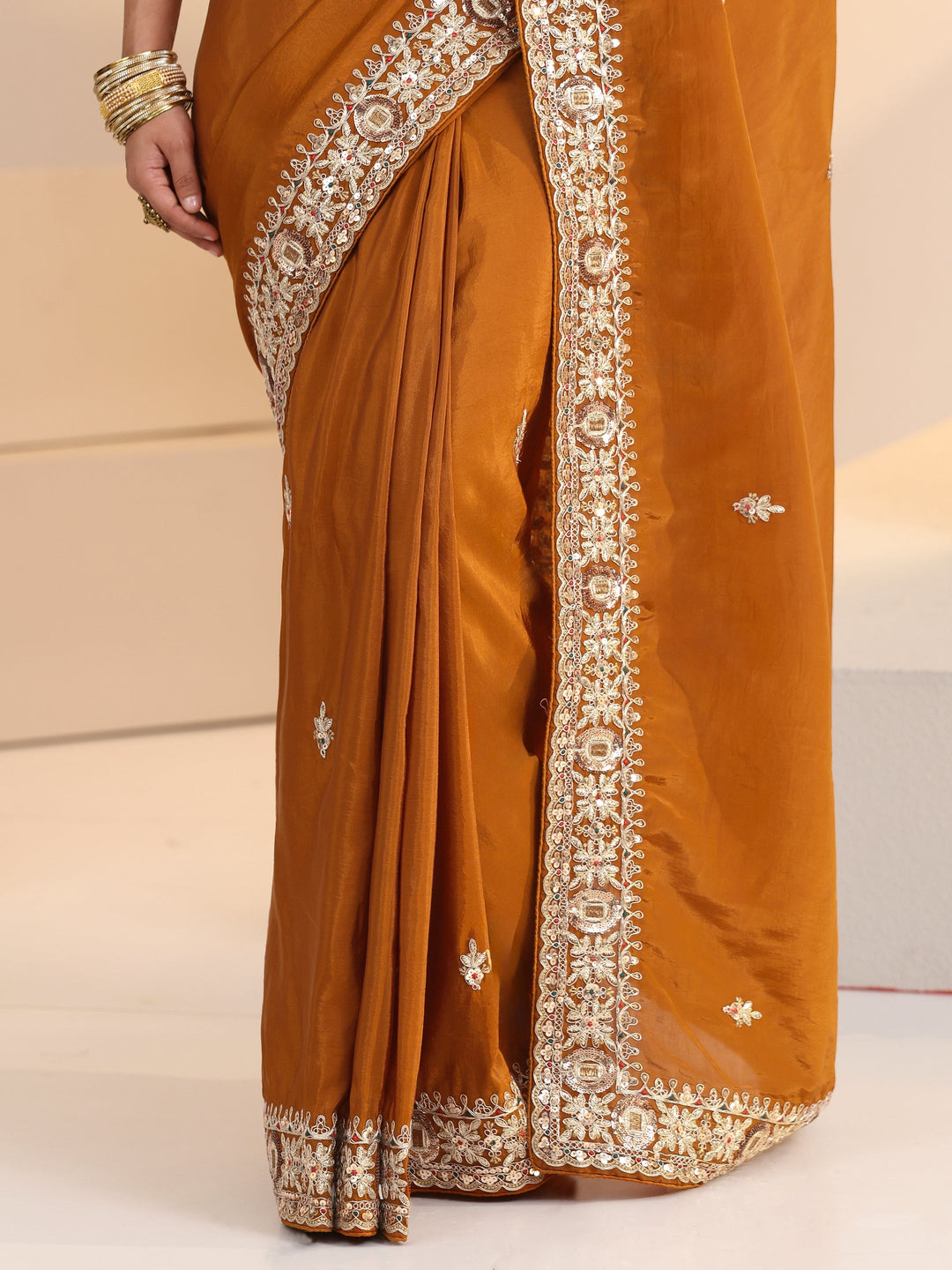Libas Rust Embroidered Silk Blend Saree