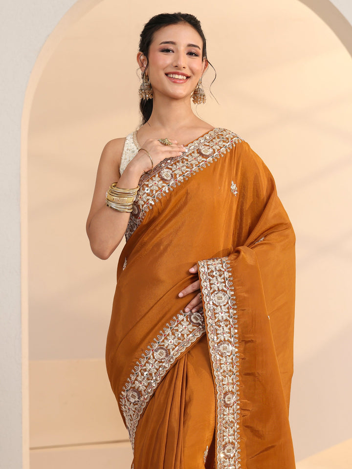 Libas Rust Embroidered Silk Blend Saree